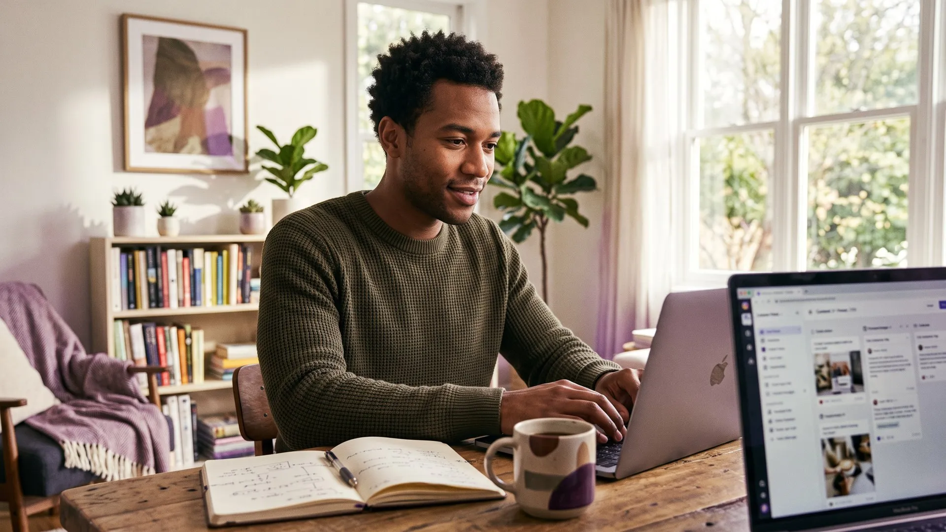 Entrepreneur planning AI-generated social media posts from trending topics on a laptop in a bright home office