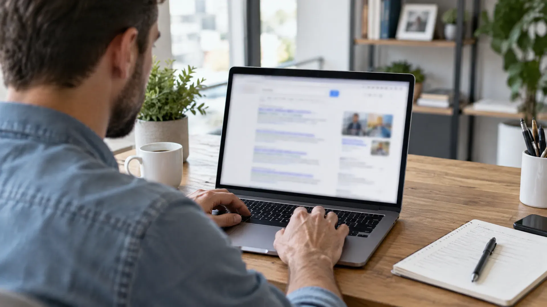Small business owner checking how his social media post ranks in Google search results and AI answers, showing why SEO, GEO and AEO matter for social media content