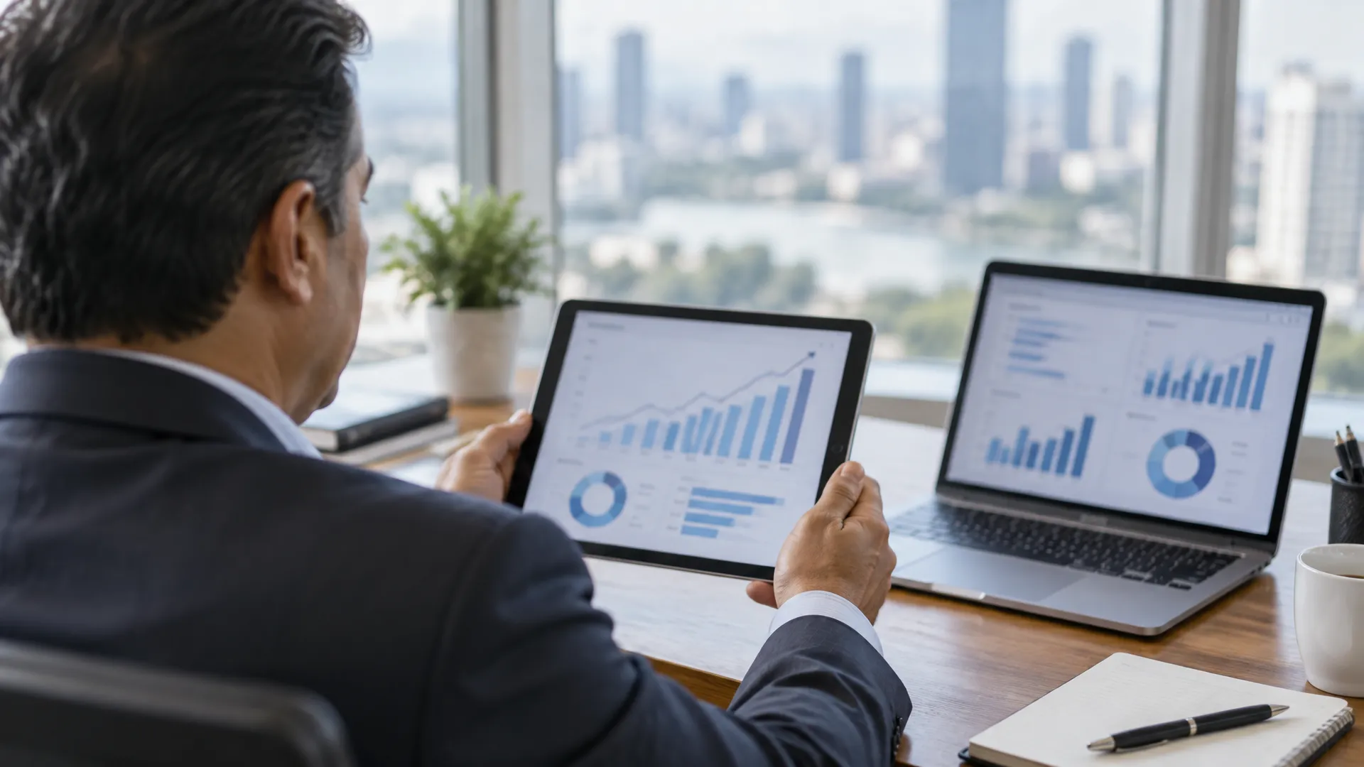 Business owner reviewing social media analytics and lead growth charts on a tablet and laptop, turning content into measurable growth