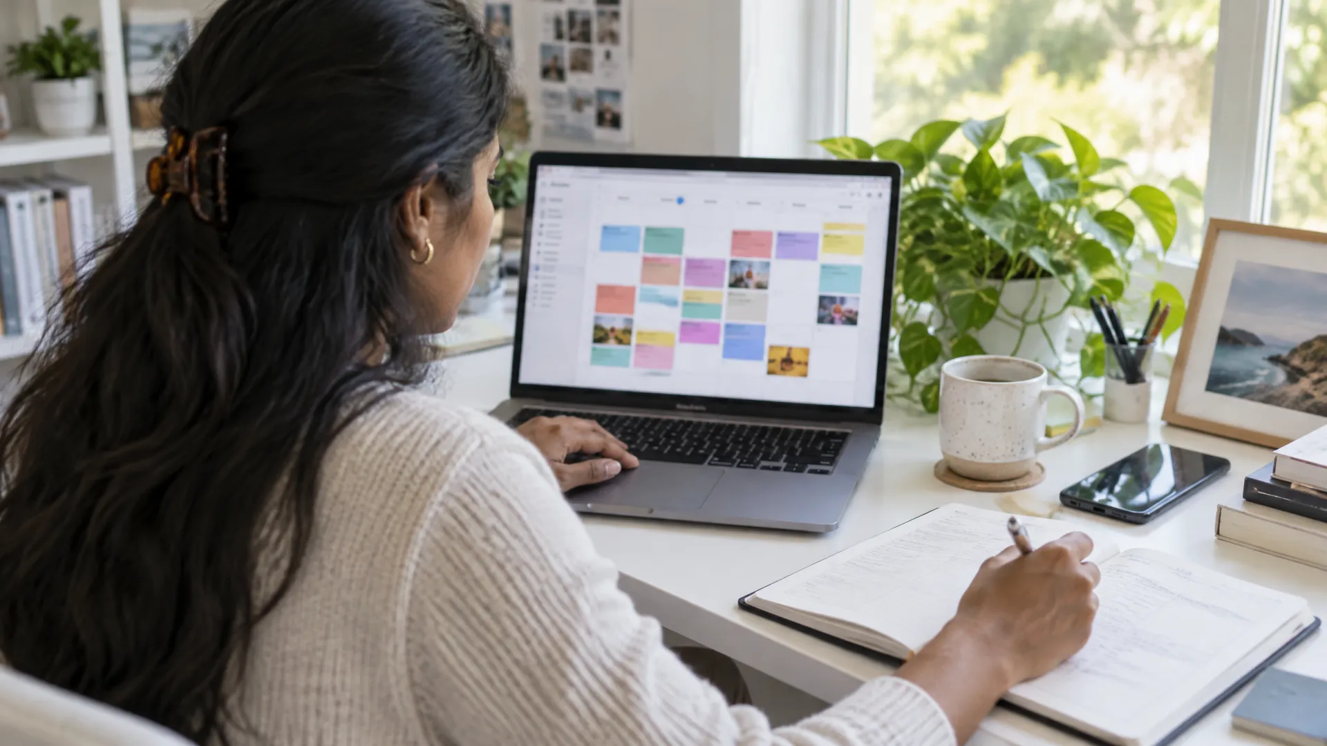 Entrepreneur planning a weekly social media content calendar and posting schedule on her laptop with a paper planner, showing why scheduling matters for social media