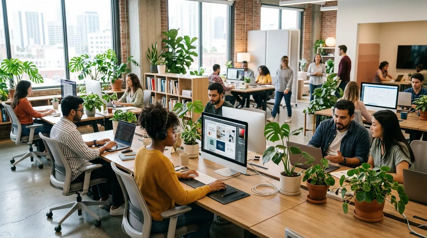 Creative agency team producing white label social media content for multiple client brands in an open-plan workspace