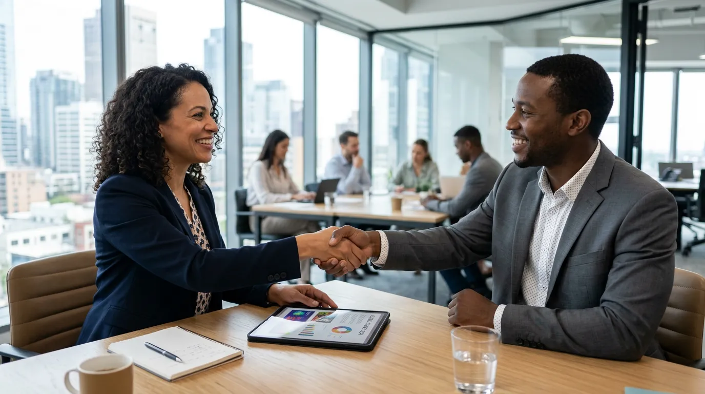 Client and agency professional shaking hands over approved social media campaign work on a tablet after choosing a team plan