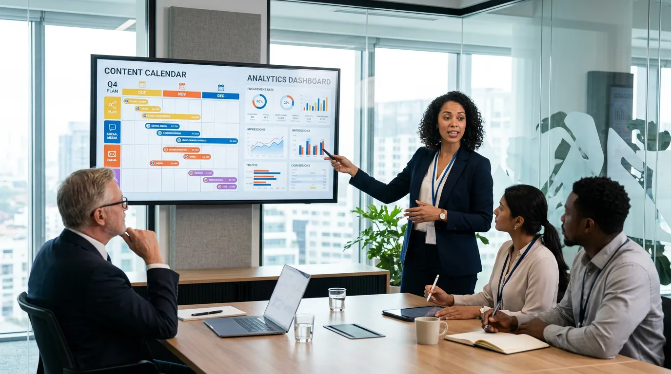Agency strategist presenting a client social media content calendar and analytics report in a glass meeting room