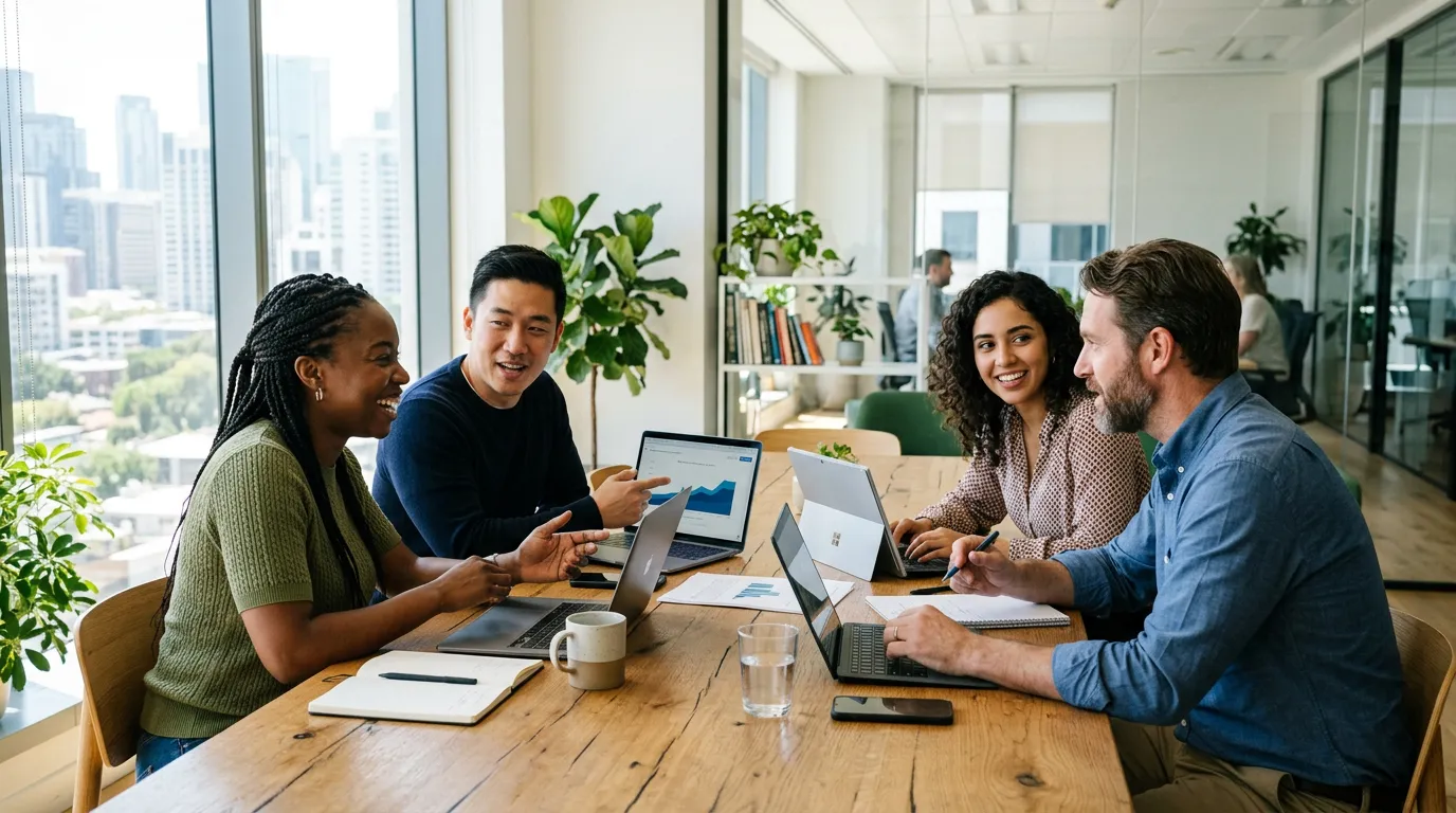 Marketing team collaborating on a shared social media content calendar and approval workflow around a table with laptops