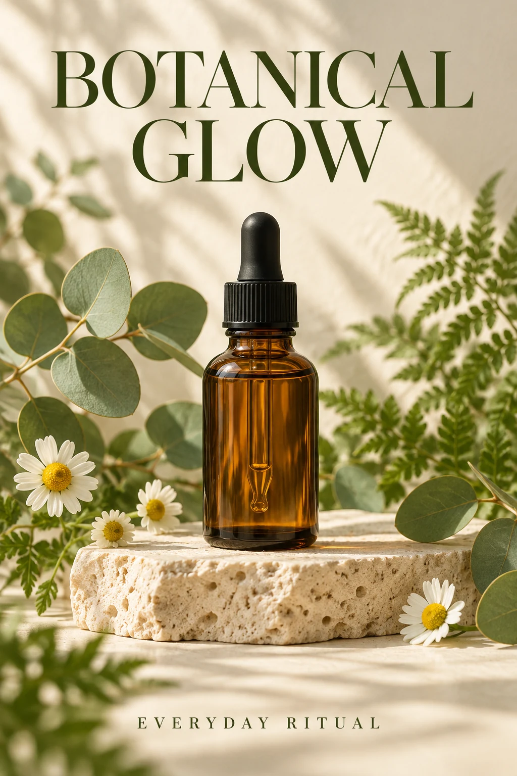 Trend Poster Generator product poster inspiration: Botanical Glow with an amber skincare bottle, botanical leaves and elegant serif typography