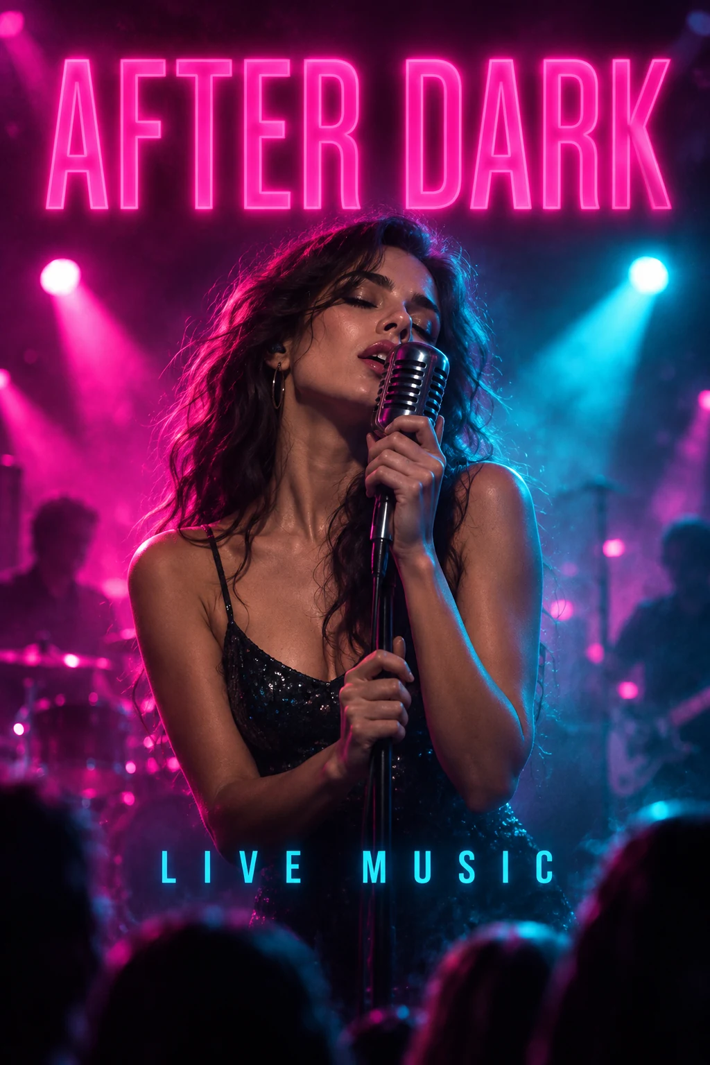 Trend Poster Generator music poster inspiration: After Dark with a singer at a microphone, magenta and cyan concert lights and neon typography