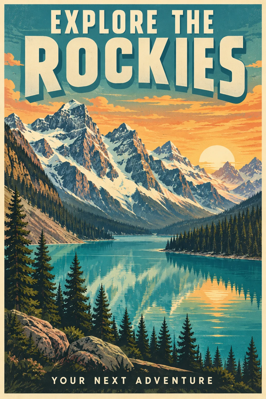 Trend Poster Generator travel poster inspiration: Explore The Rockies with illustrated Canadian mountains, a turquoise lake and retro typography