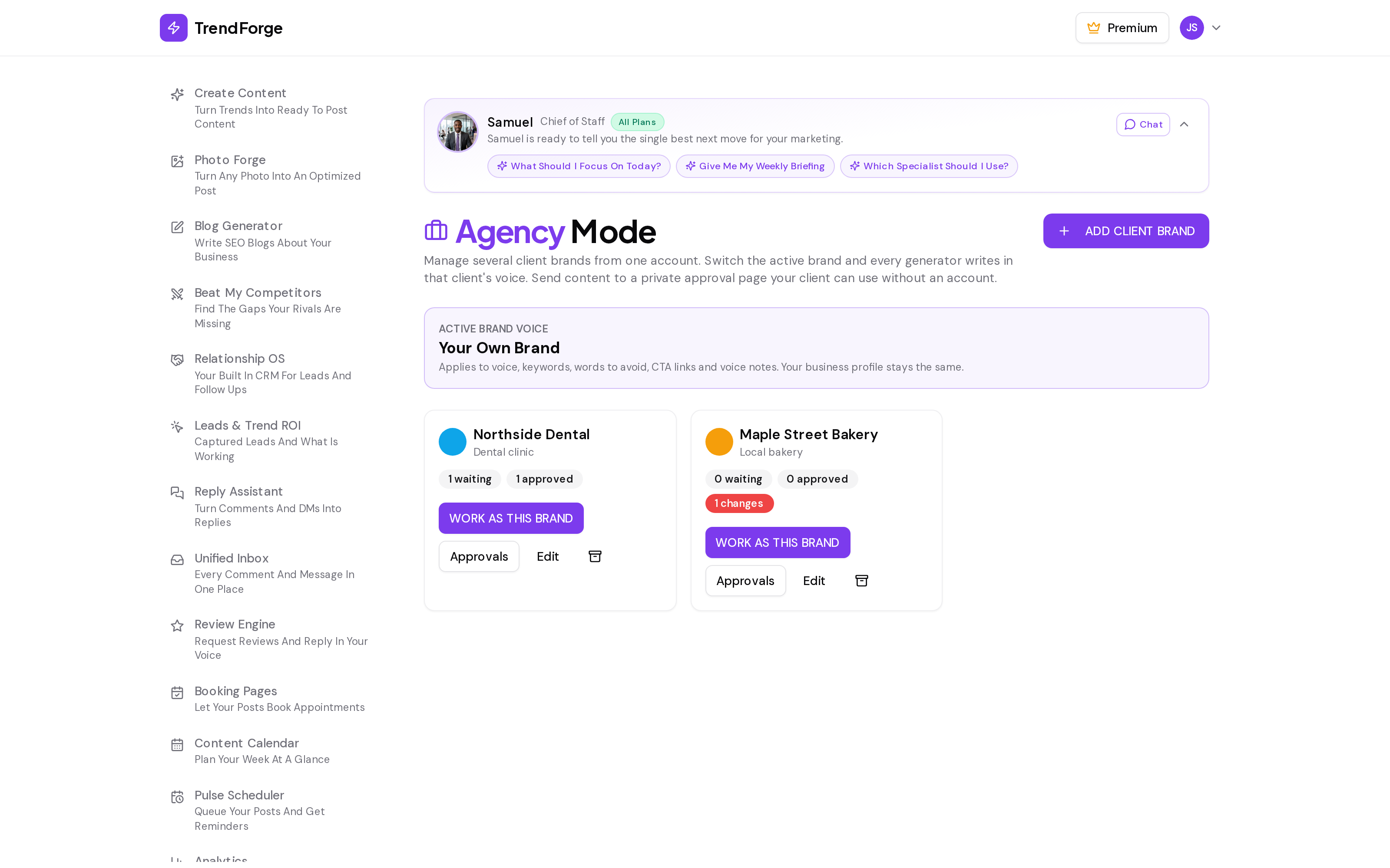 TrendForge Agency Mode screenshot for demo user Jane Smith, showing client brand cards with approval counts and a Work as This Brand switch so every generator writes in that client's voice
