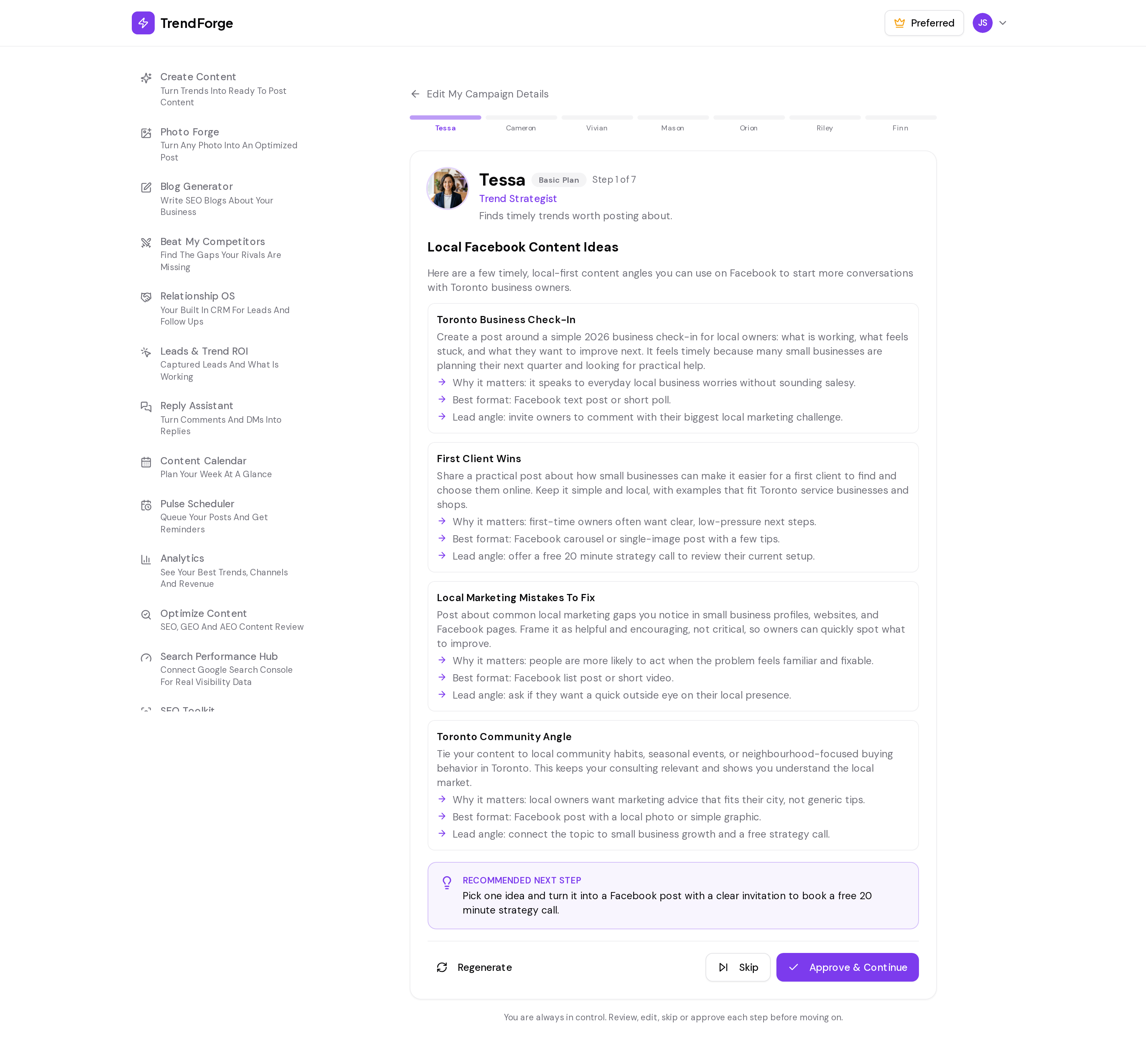 TrendForge AI Campaign Builder screenshot: the guided workflow where the AI team builds a complete, multi-post social media campaign around a goal, offer, and audience for a small business
