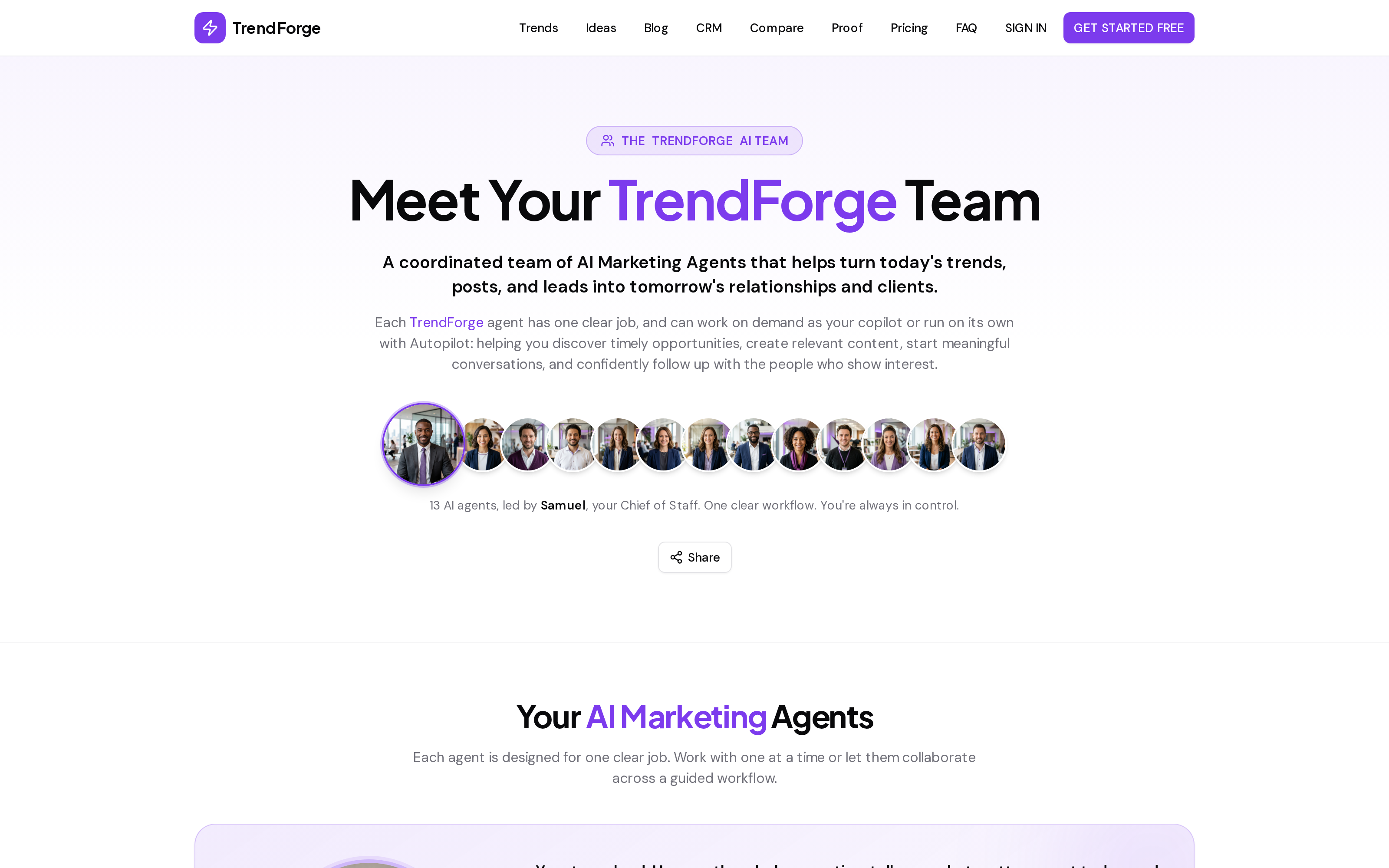 TrendForge AI Marketing Team screenshot showing the 13 AI agents led by Samuel, each with a photorealistic portrait and a marketing role, that plan, create, and optimize a small business's social content for SEO, GEO, and AEO