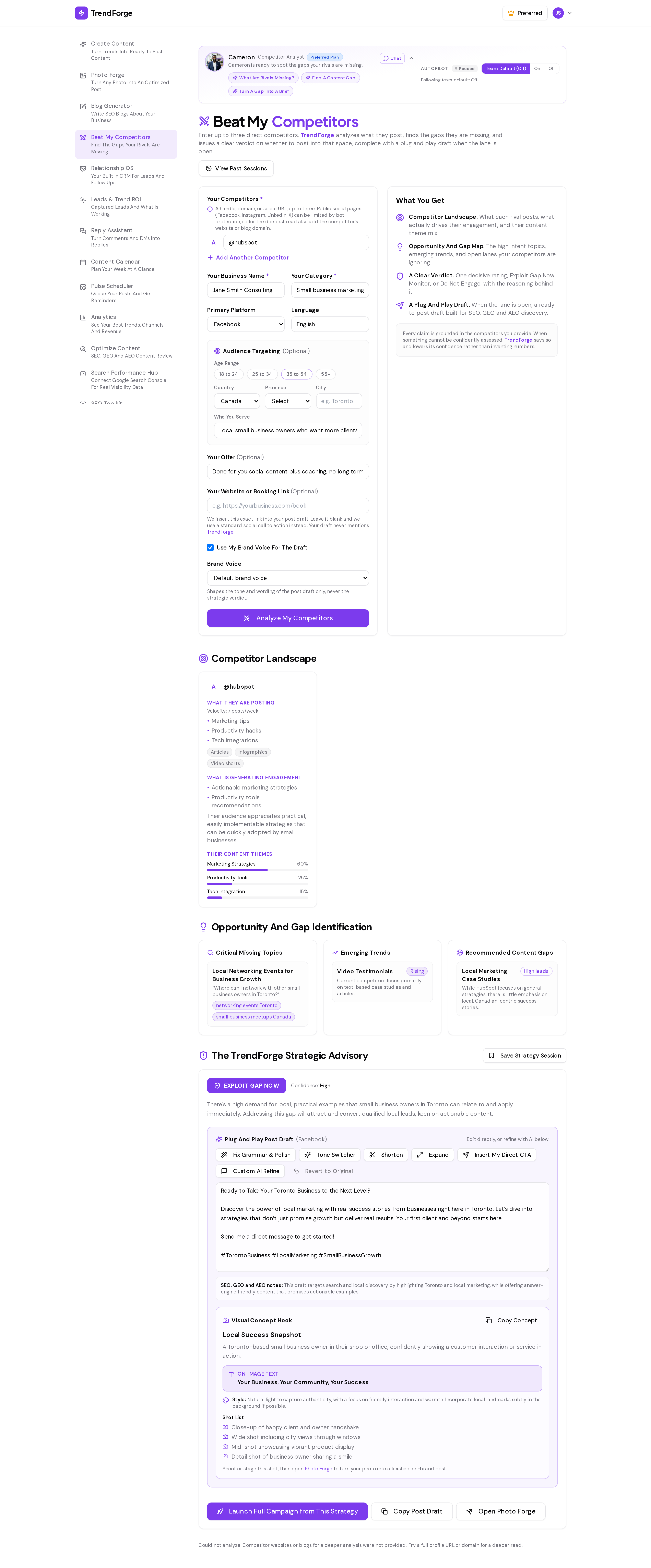 TrendForge Beat My Competitors screenshot: the AI competitor analysis tool where a small business enters up to three rivals to find content gaps and get a clear verdict with a ready-to-post draft