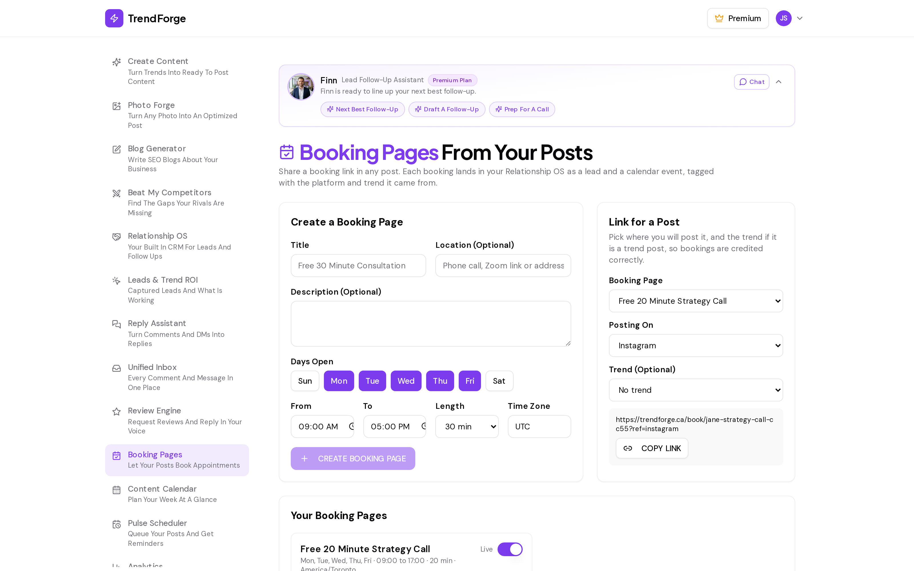 TrendForge Booking Pages screenshot for demo user Jane Smith: create a booking page, set open days and hours, and copy a booking link for a post so each booking is tagged with the platform and trend it came from
