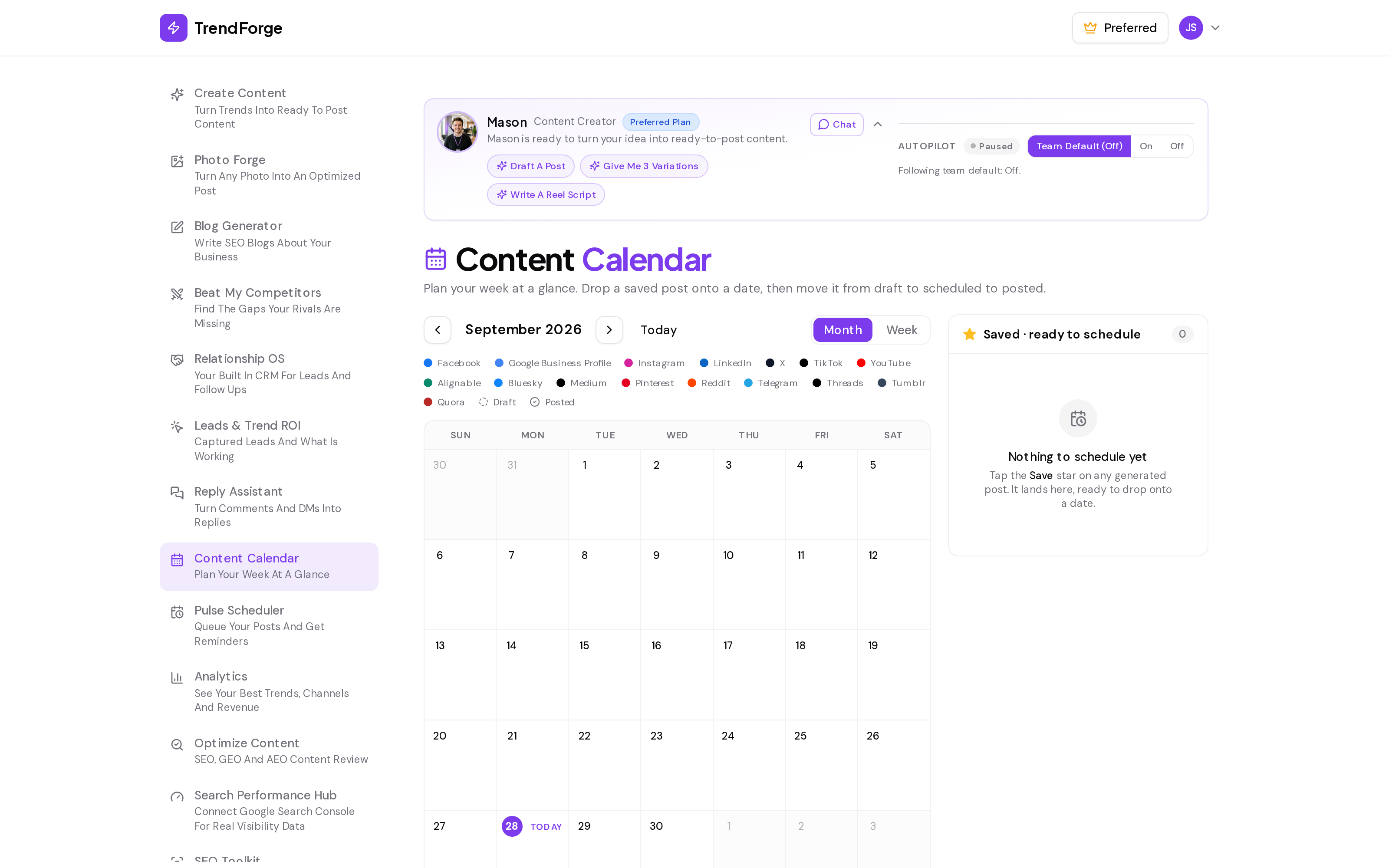 TrendForge Content Calendar screenshot for demo user Jane Smith: a monthly social media content calendar that shows every planned and scheduled post at a glance