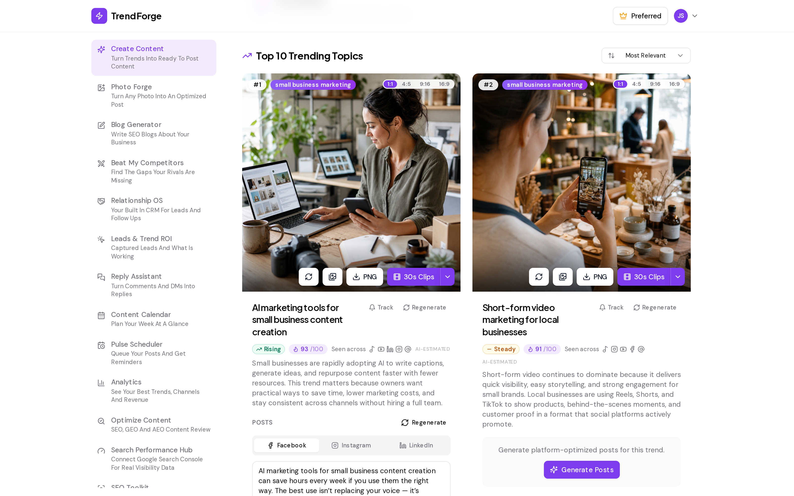 TrendForge generated posts screenshot showing one trend tailored for Facebook, Instagram, and LinkedIn with ready-to-post copy, hashtags, and matching AI imagery, all optimized for SEO, GEO, and AEO