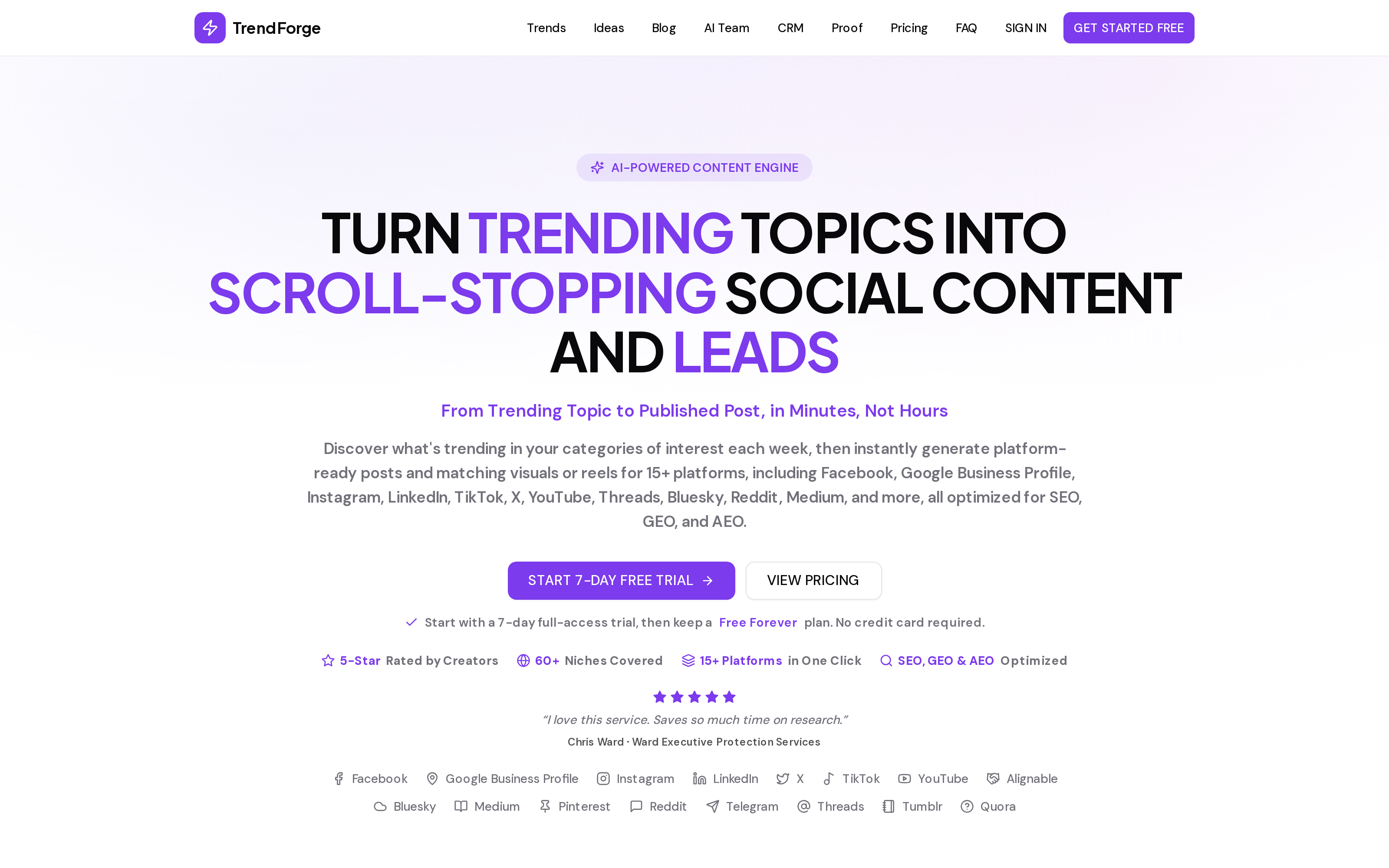 TrendForge.ca home page screenshot: the AI social media content platform that turns trending topics into scroll-stopping posts and leads for entrepreneurs and small businesses, with every post optimized for SEO, GEO, and AEO