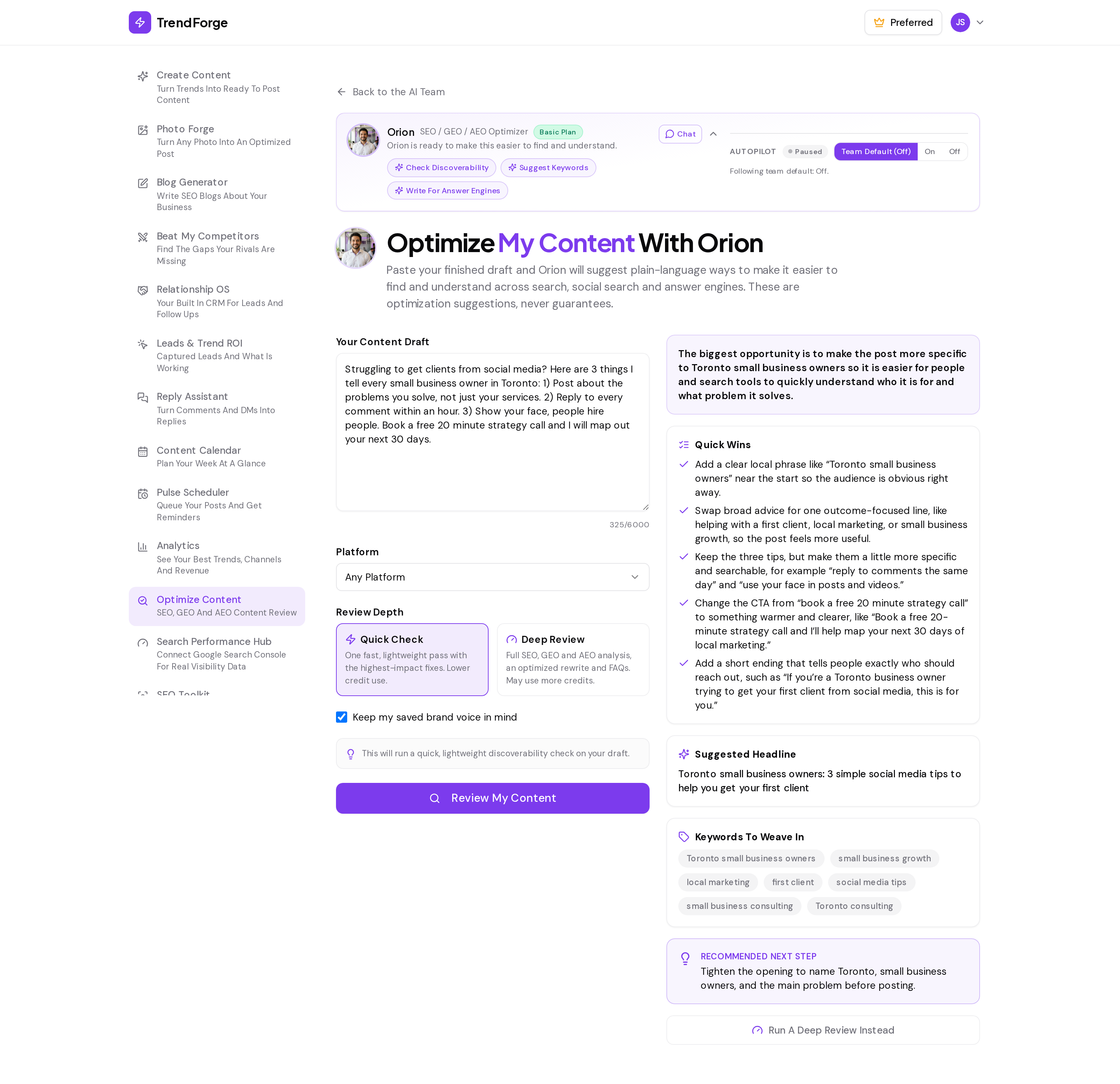 TrendForge Optimize My Content screenshot: the AI tool that rewrites and improves existing content for SEO, GEO, and AEO so it ranks in search engines and surfaces inside AI answers