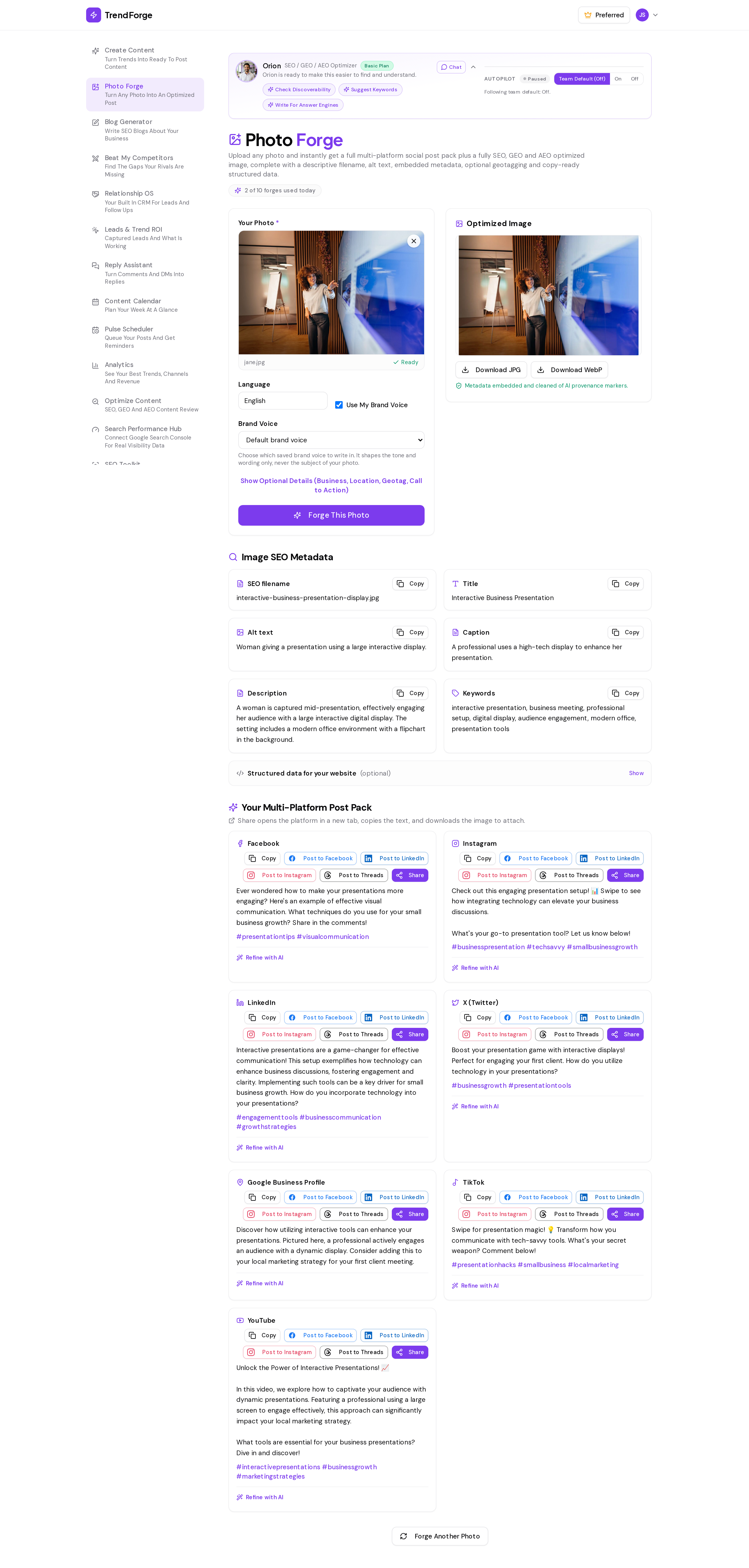 TrendForge Photo Forge screenshot: the AI image optimizer that turns any uploaded photo into a full multi-platform social post pack plus a search-optimized image with SEO filename, descriptive alt text, and embedded metadata