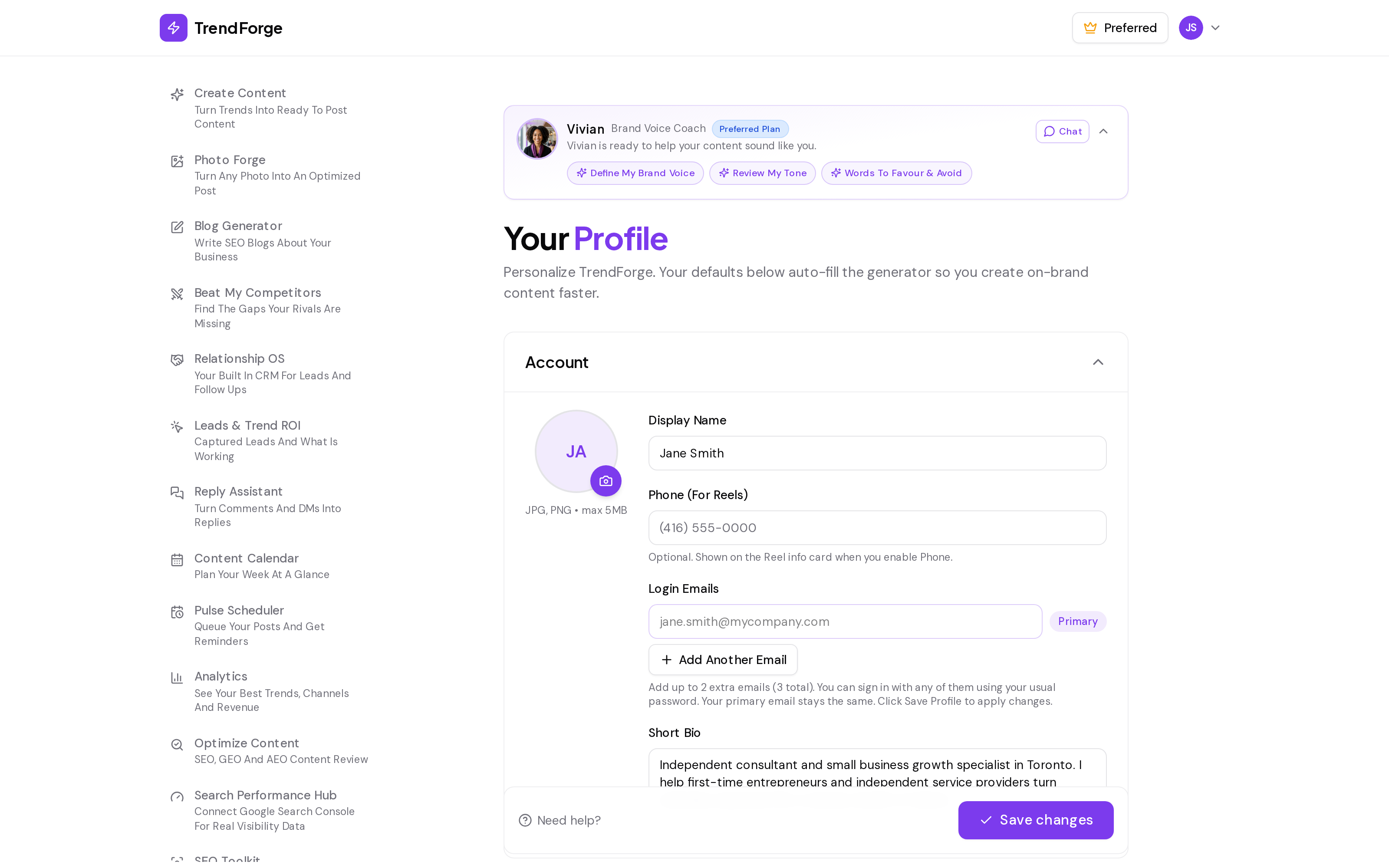 TrendForge Profile and brand settings screenshot for demo user Jane Smith, showing the account details, bio, and business information that shape the voice of every piece of AI-generated content