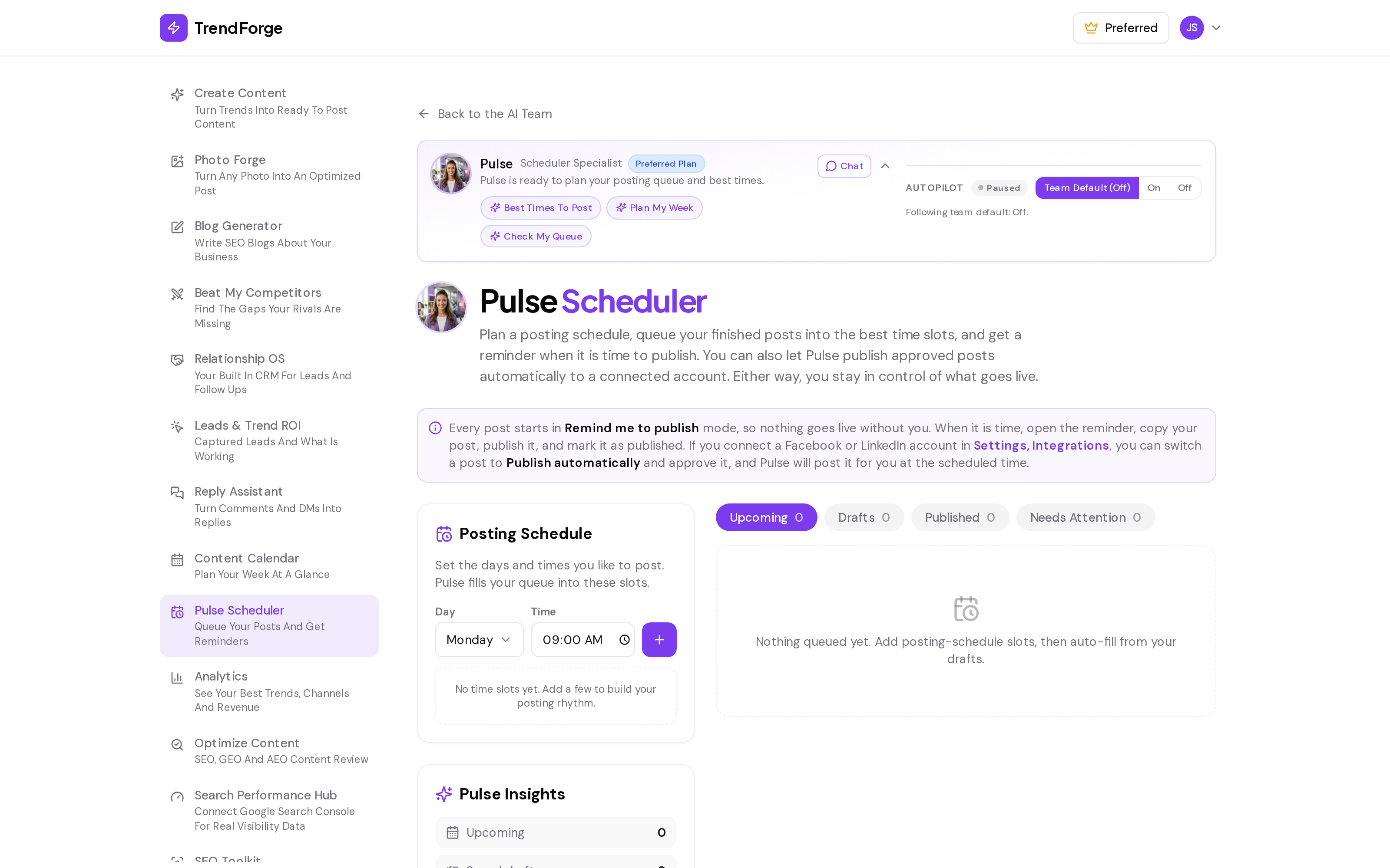TrendForge Pulse Scheduler screenshot: the social media post scheduler where a small business queues approved posts, sets a weekly posting rhythm, and chooses reminders or automatic publishing to connected Facebook Pages and LinkedIn
