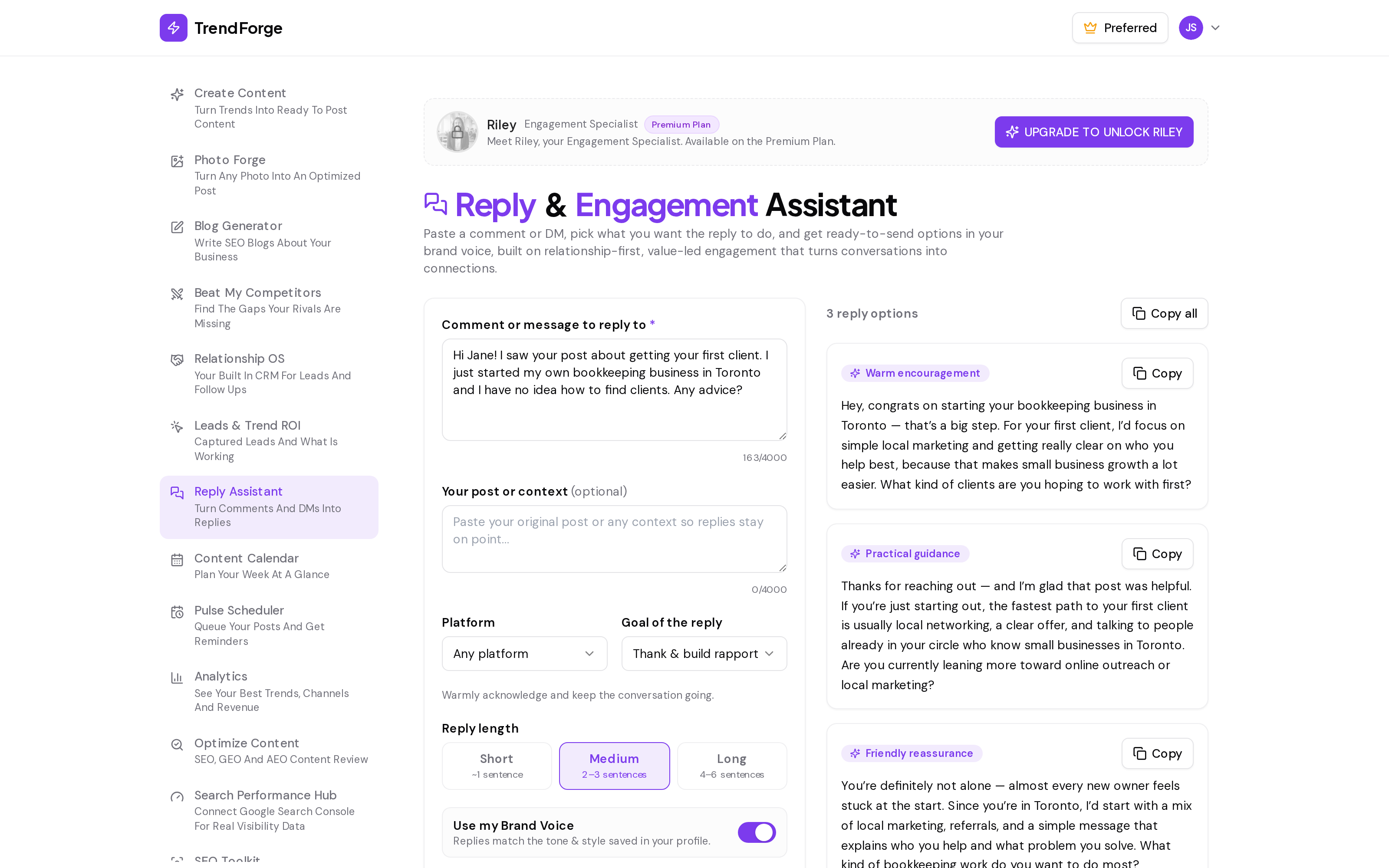 TrendForge Reply and Engagement Assistant screenshot showing a pasted social comment and three ready-to-send reply options written in the brand voice for relationship-first engagement