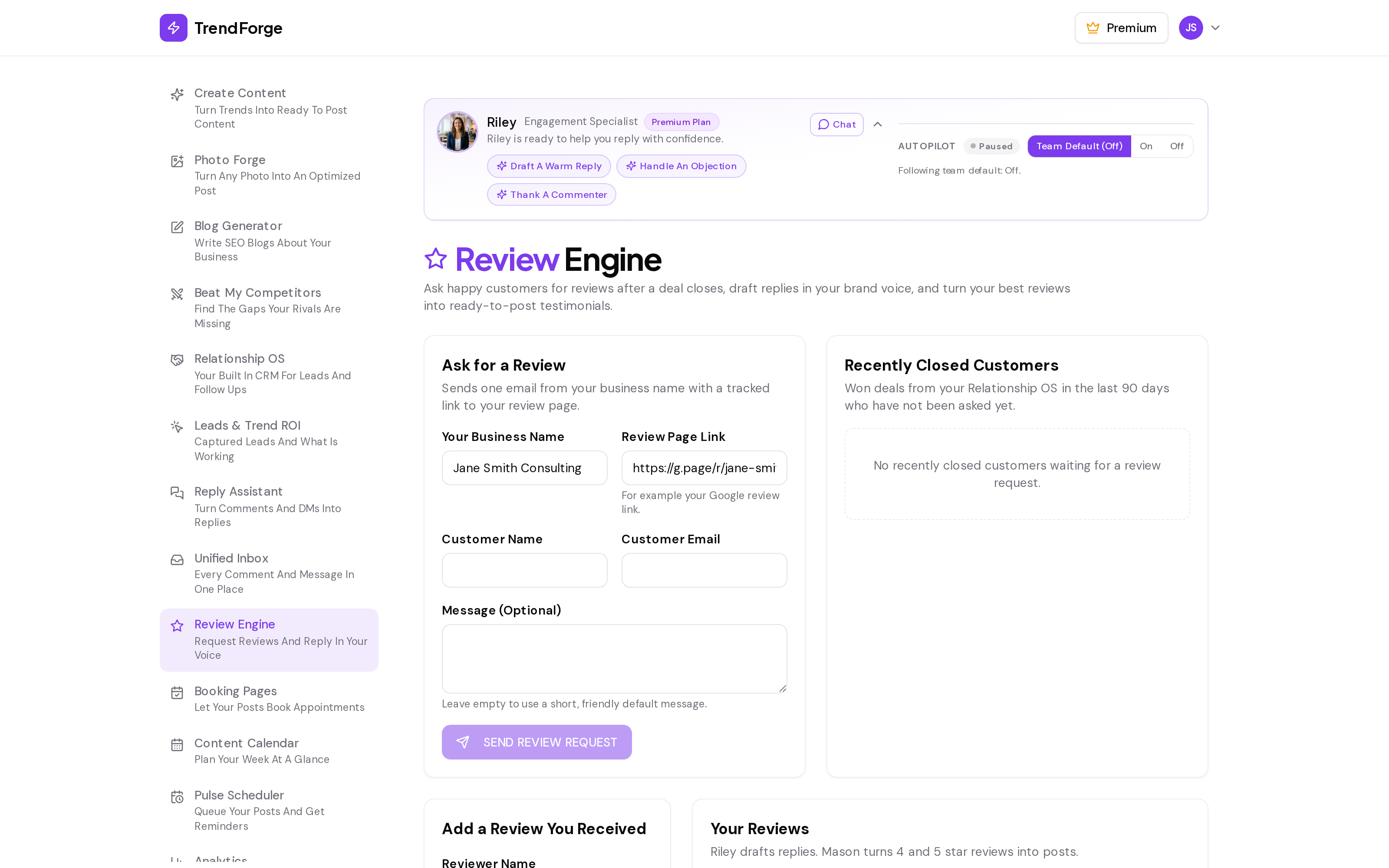TrendForge Review Engine screenshot for demo user Jane Smith: Riley helps a small business email review requests to happy customers, draft review replies in its brand voice, and turn its best reviews into ready-to-post testimonials