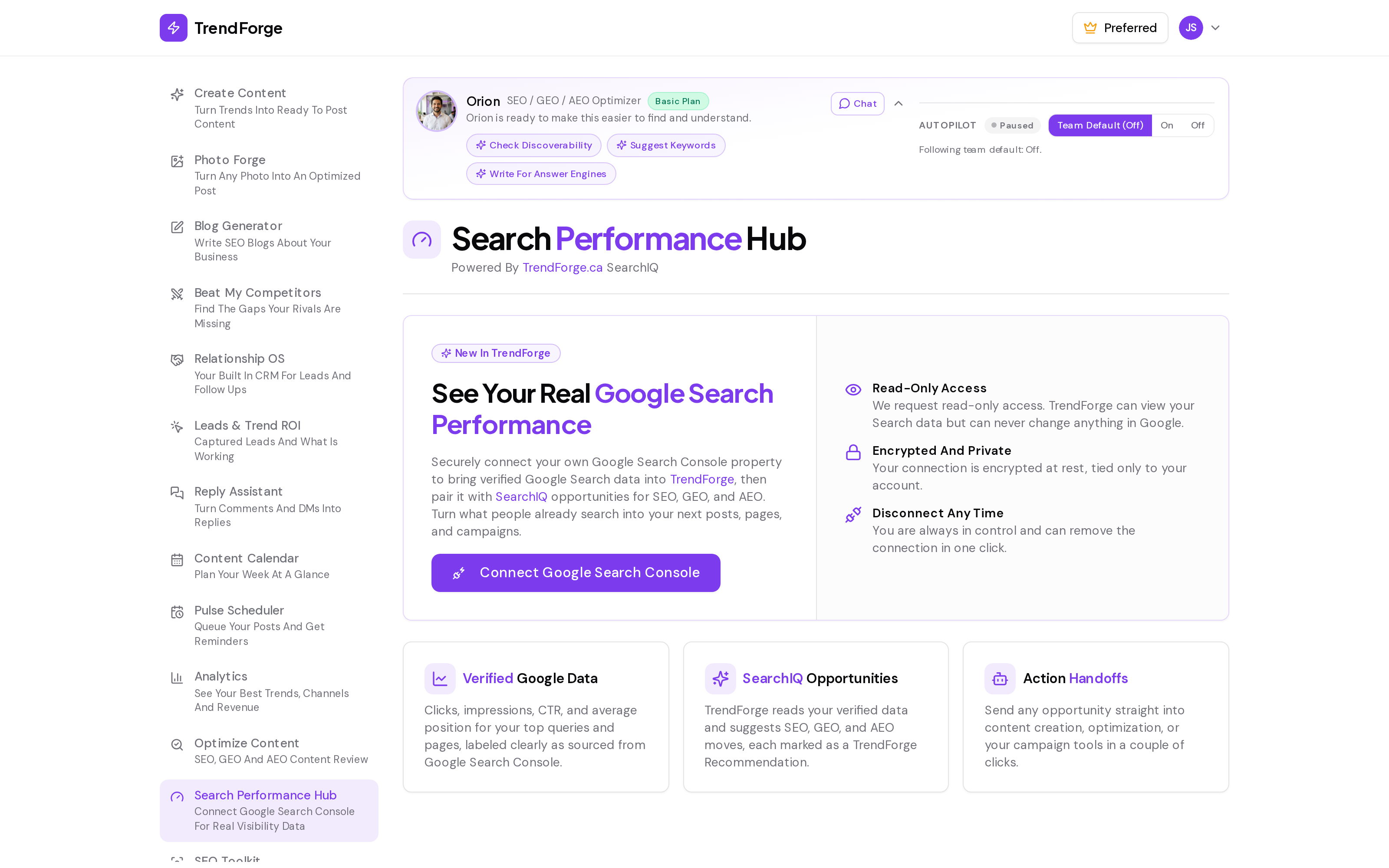 TrendForge Search Performance Hub screenshot: the SEO, GEO, and AEO visibility dashboard that tracks how a small business is being found across search engines, generative engines, and AI answer engines