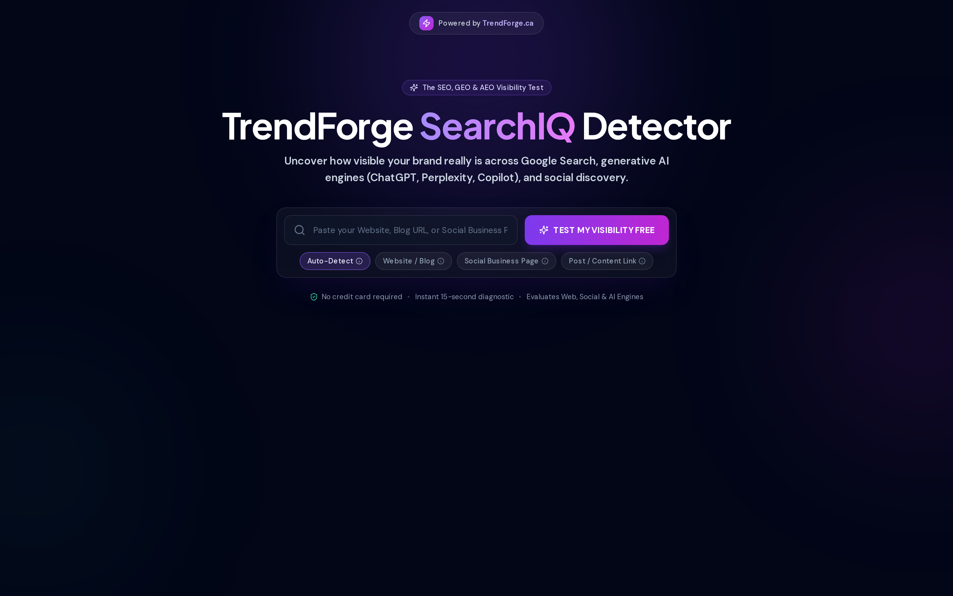 TrendForge SearchIQ Detector screenshot: the free SEO, GEO, and AEO visibility test that checks how visible a website, blog, or social page is across Google Search, generative AI engines like ChatGPT and Perplexity, and social discovery