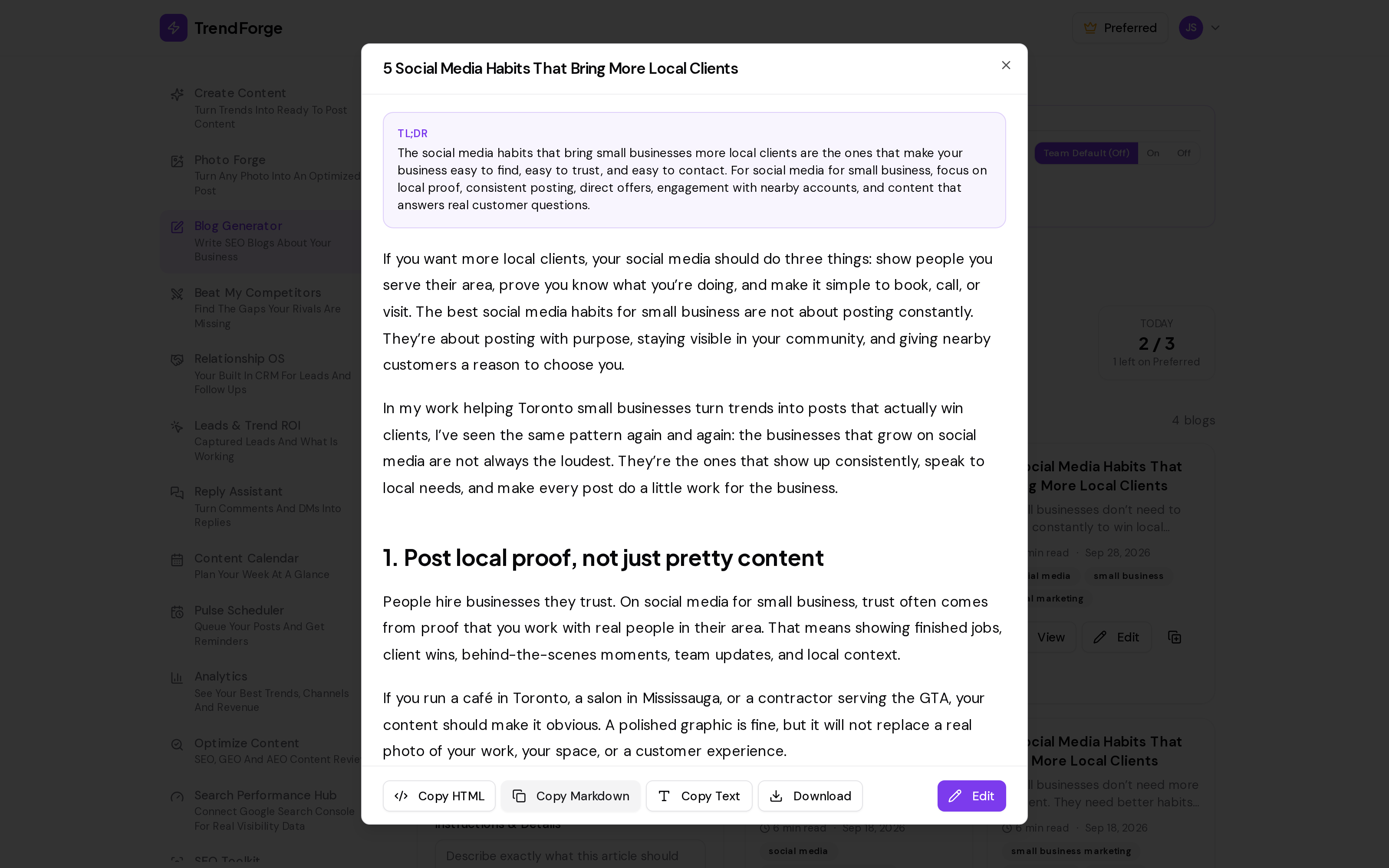 TrendForge SEO Blog Generator screenshot: the AI writer that produces long-form blog articles about a business, optimized for SEO, GEO, and AEO to drive organic search and AI-answer visibility