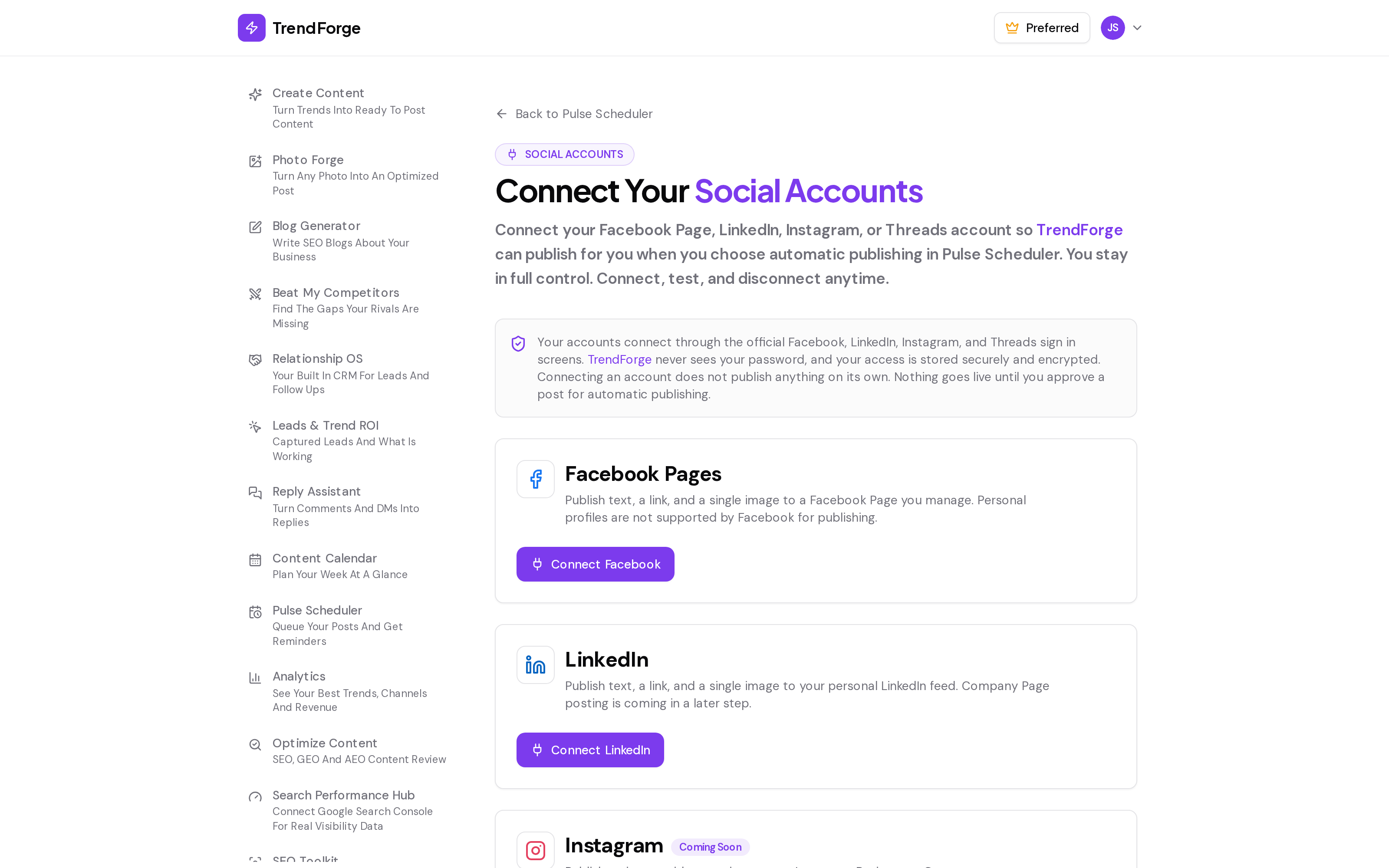 TrendForge Social Accounts screenshot: securely connect a Facebook Page and LinkedIn through official sign in screens to enable automatic publishing, with Instagram and Threads coming soon