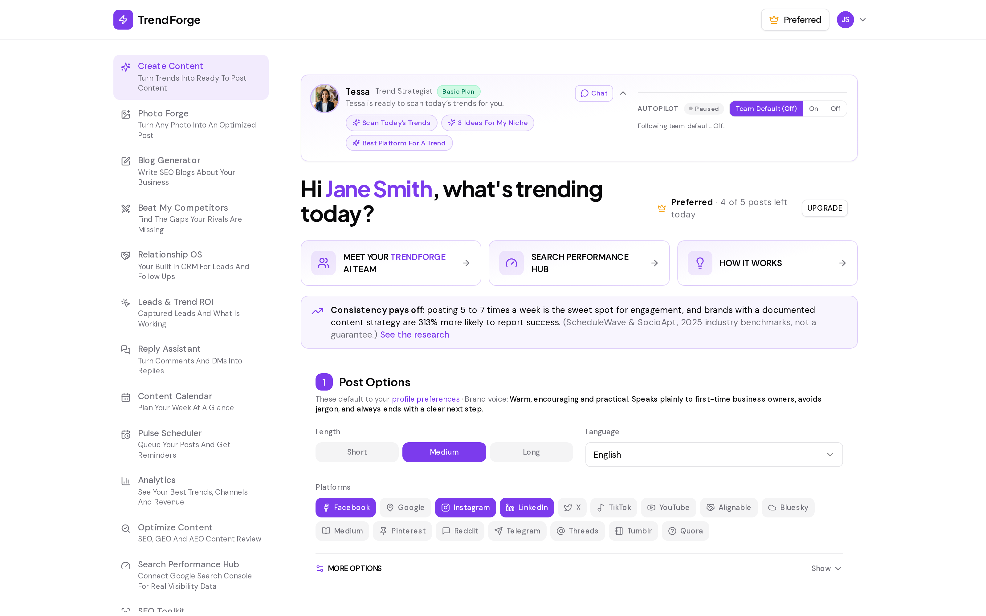 TrendForge trend discovery dashboard screenshot, signed in as demo user Jane Smith: the AI content workflow that searches this week's trending topics and turns each into a platform-optimized, SEO, GEO, and AEO ready content pack