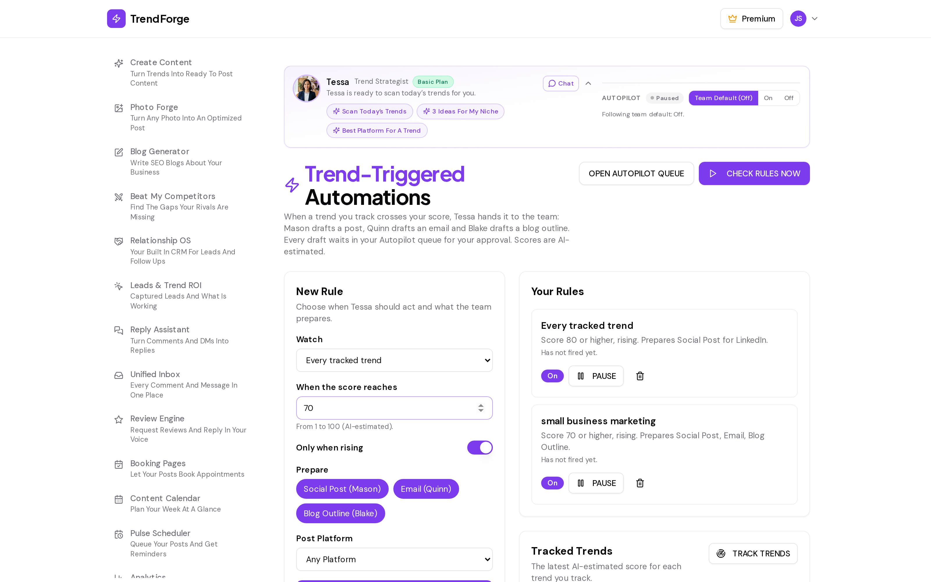 TrendForge Trend-Triggered Automations screenshot for demo user Jane Smith: rules where Tessa watches tracked trends and, when a score is reached, hands the trend to Mason, Quinn and Blake for a post, an email and a blog outline that wait for approval