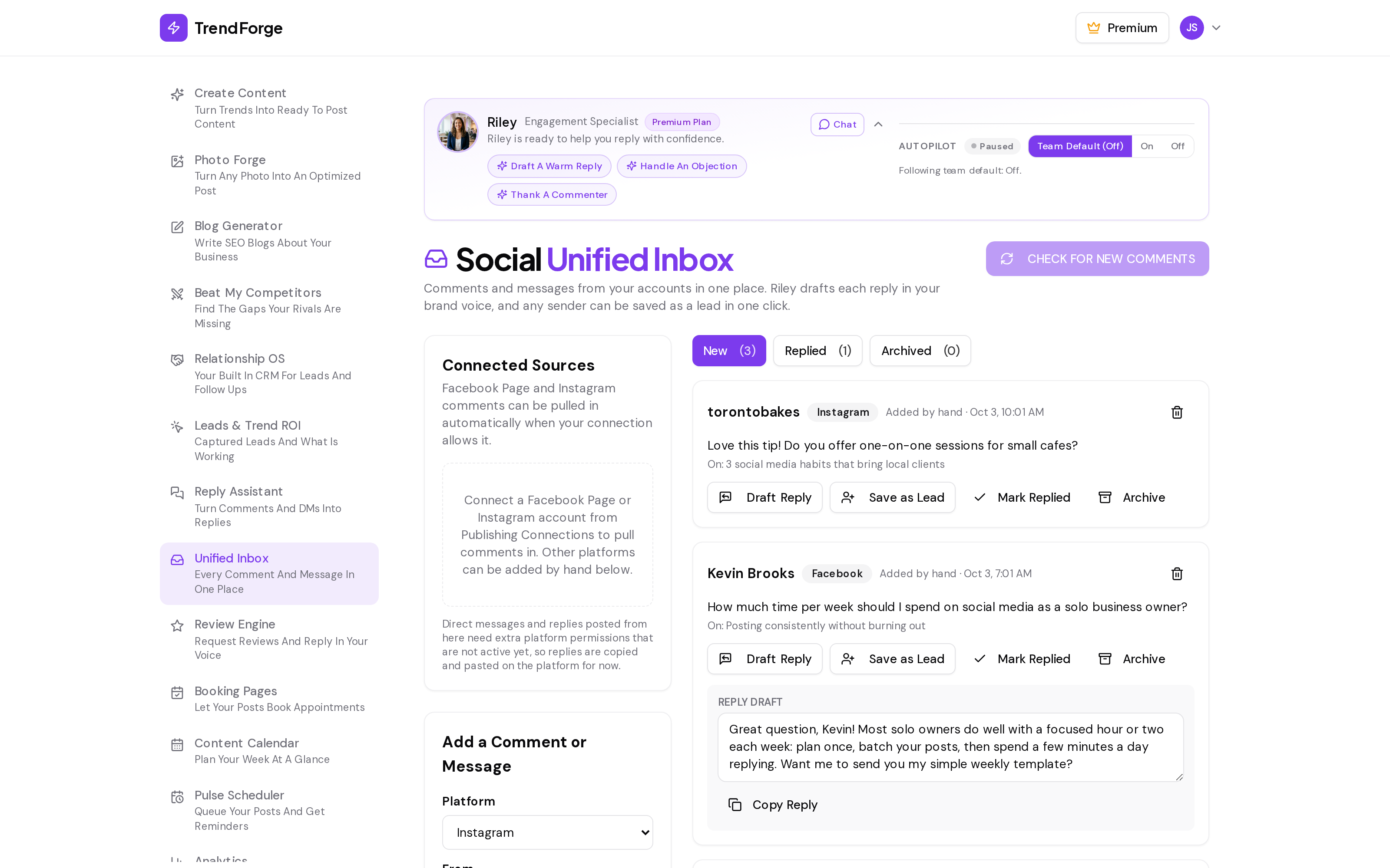 TrendForge Social Unified Inbox screenshot for demo user Jane Smith, showing Instagram and Facebook comments in one place with a Riley reply draft in the brand voice and a one-click Save as Lead option